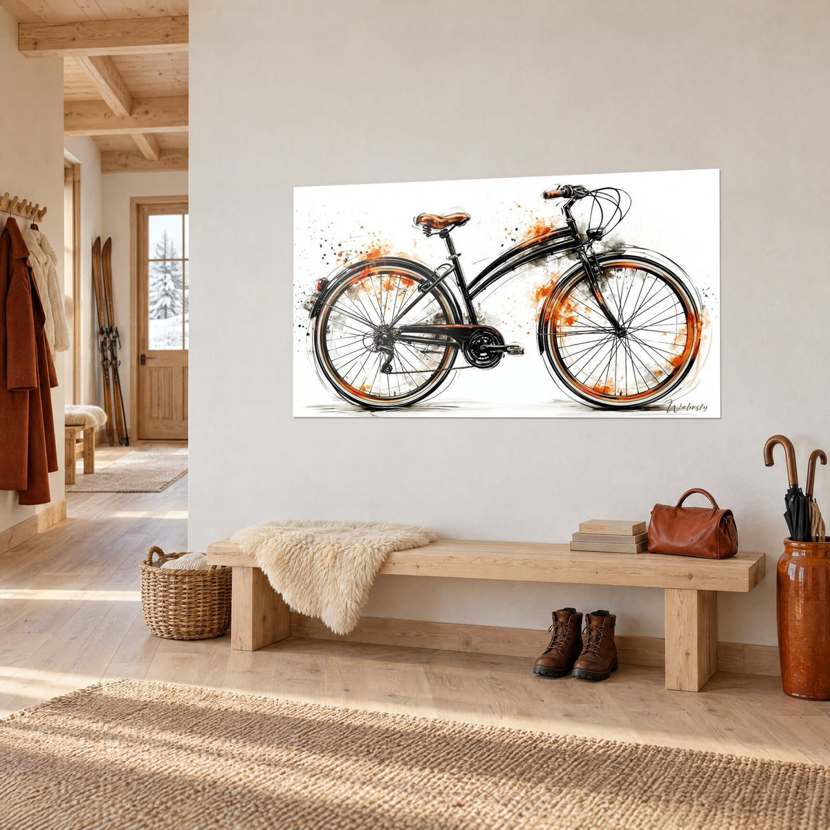 Gemälde Urbanes Fahrrad in schwarzer Tusche mit rostbraunen Flecken auf weißem Grund, über einer Bank aus hellem Holz, Dreiviertelansicht