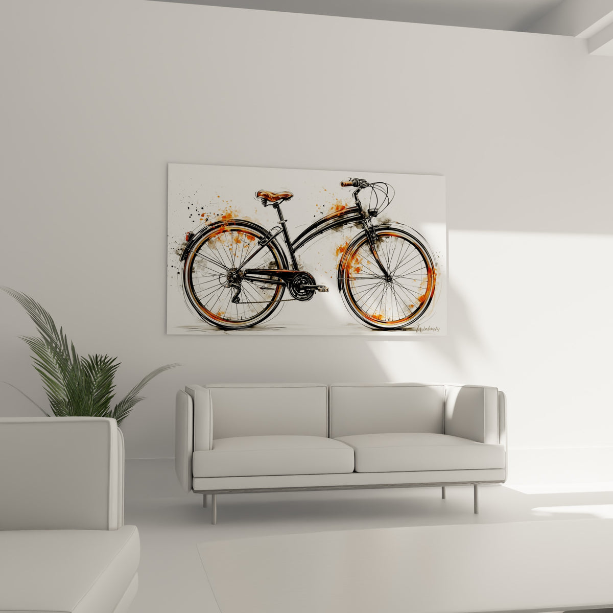 Vélo urbain anthracite et orangé cyclisme, suspendu au-dessus d'un canapé dans un salon lumineux