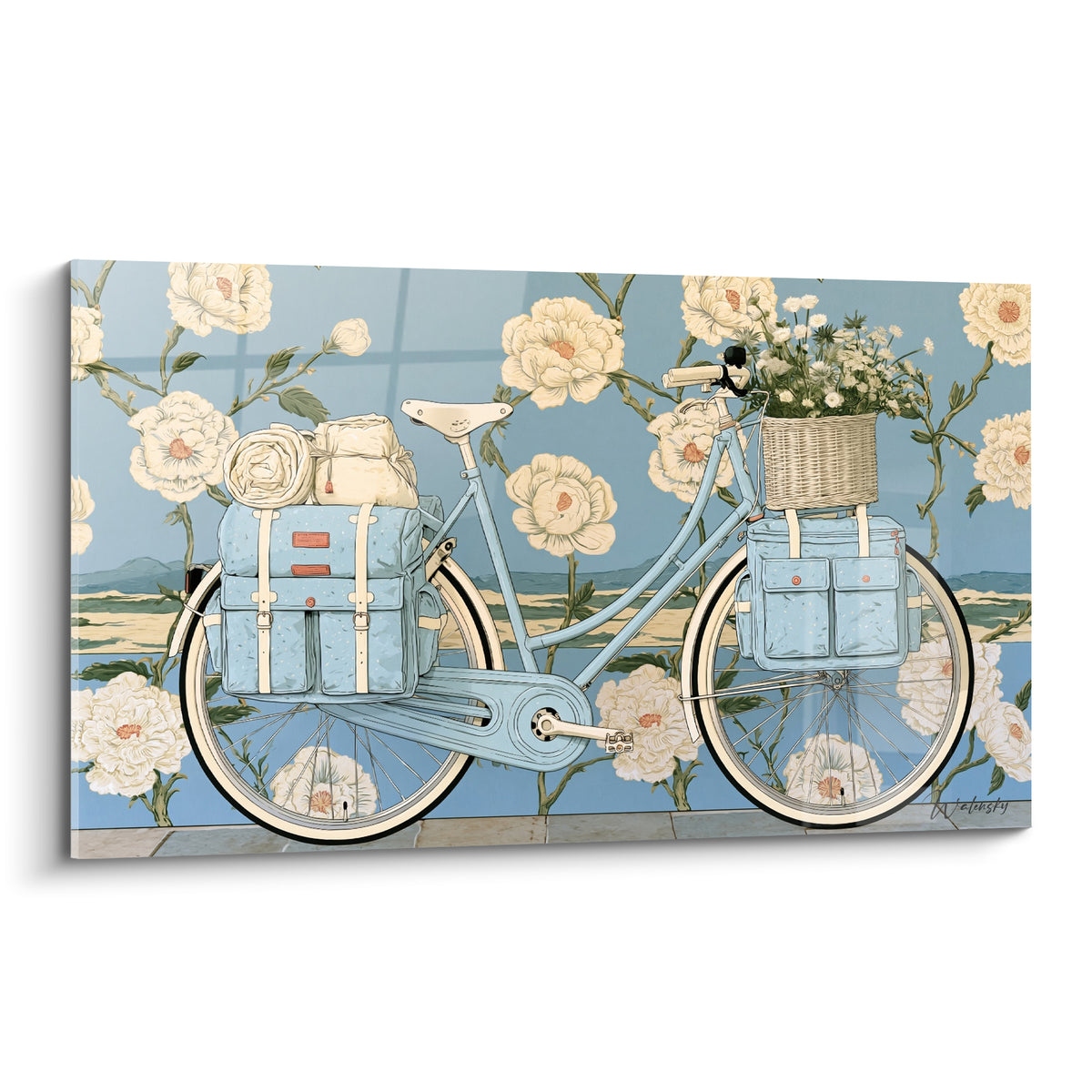 Vélo bleu pastel chargé de sacoches et fleurs blanches sur fond floral rétro
