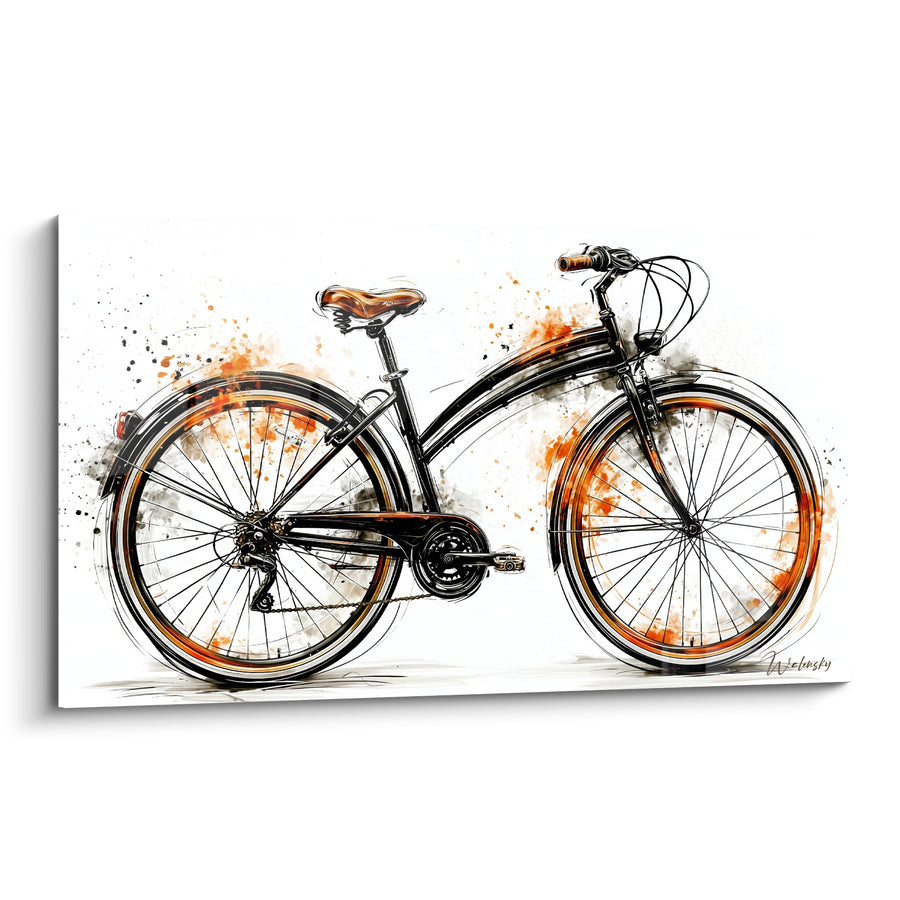 Tableau Vélo noir aux éclaboussures orangées - Élan urbain - Edition Cyclisme