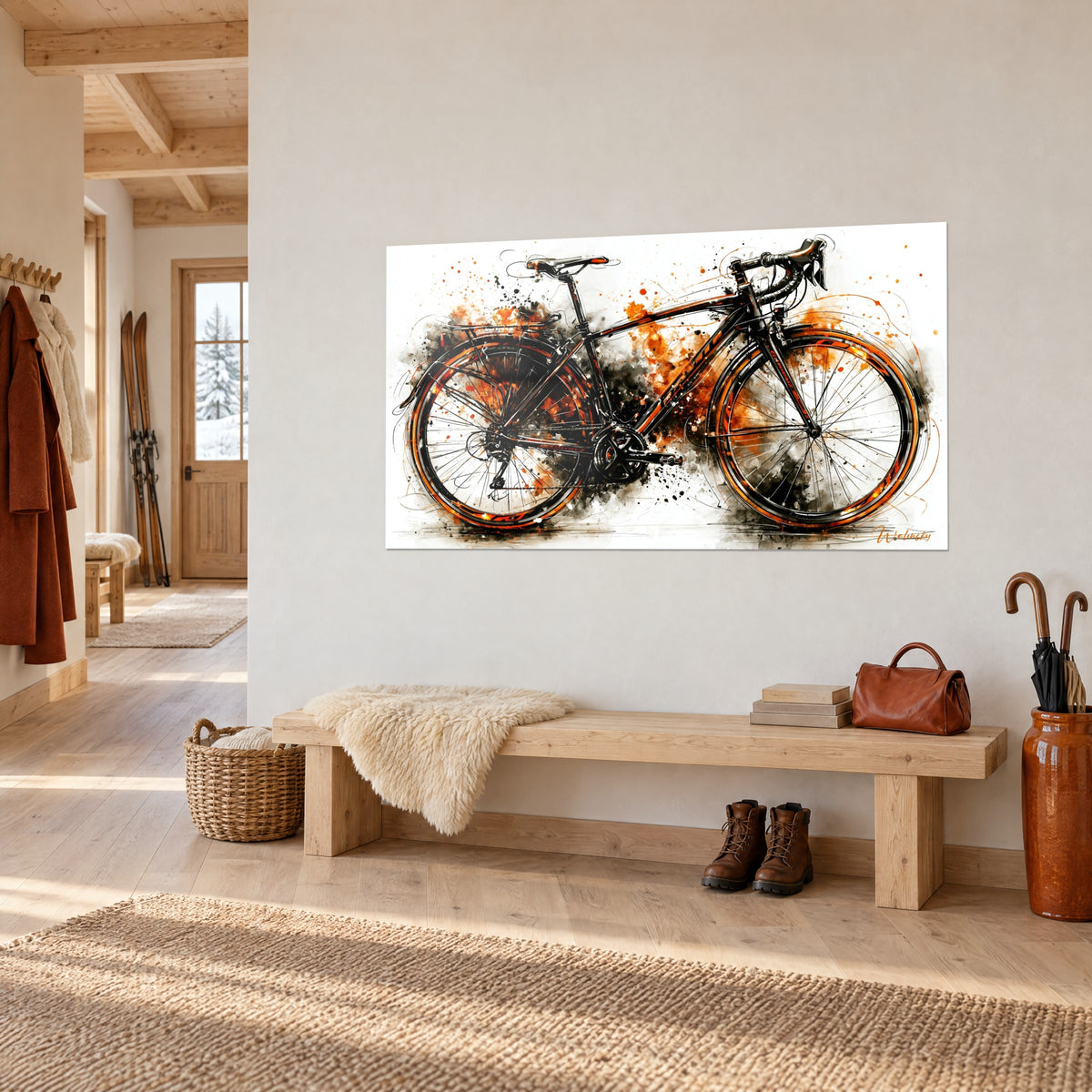 Tableau bicyclette de course dessinée à l'encre noire et orange, roues à rayons fins sur fond blanc, banc en bois dans un chalet