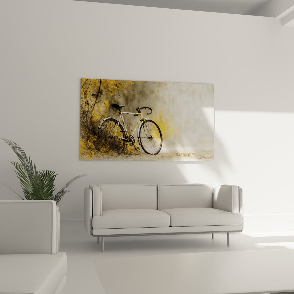 Vélo rétro ocre et blanc craquelé accroché au-dessus d'un canapé dans un salon lumineux