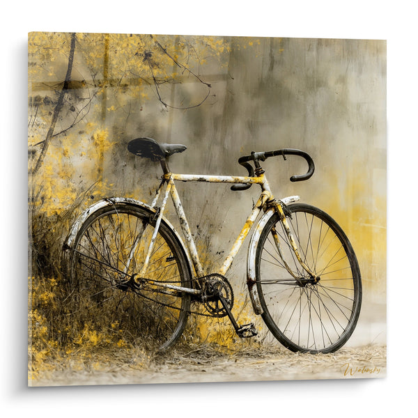 Tableau Vélo blanc et jaune contre un mur - Souvenir oublié - Edition Cyclisme