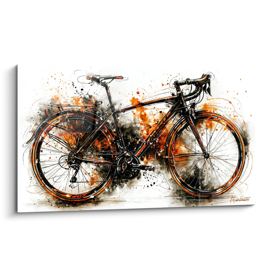 Tableau Vélo noir et orange aux éclaboussures d'encre - Selle blanche détaillée - Edition Cyclisme