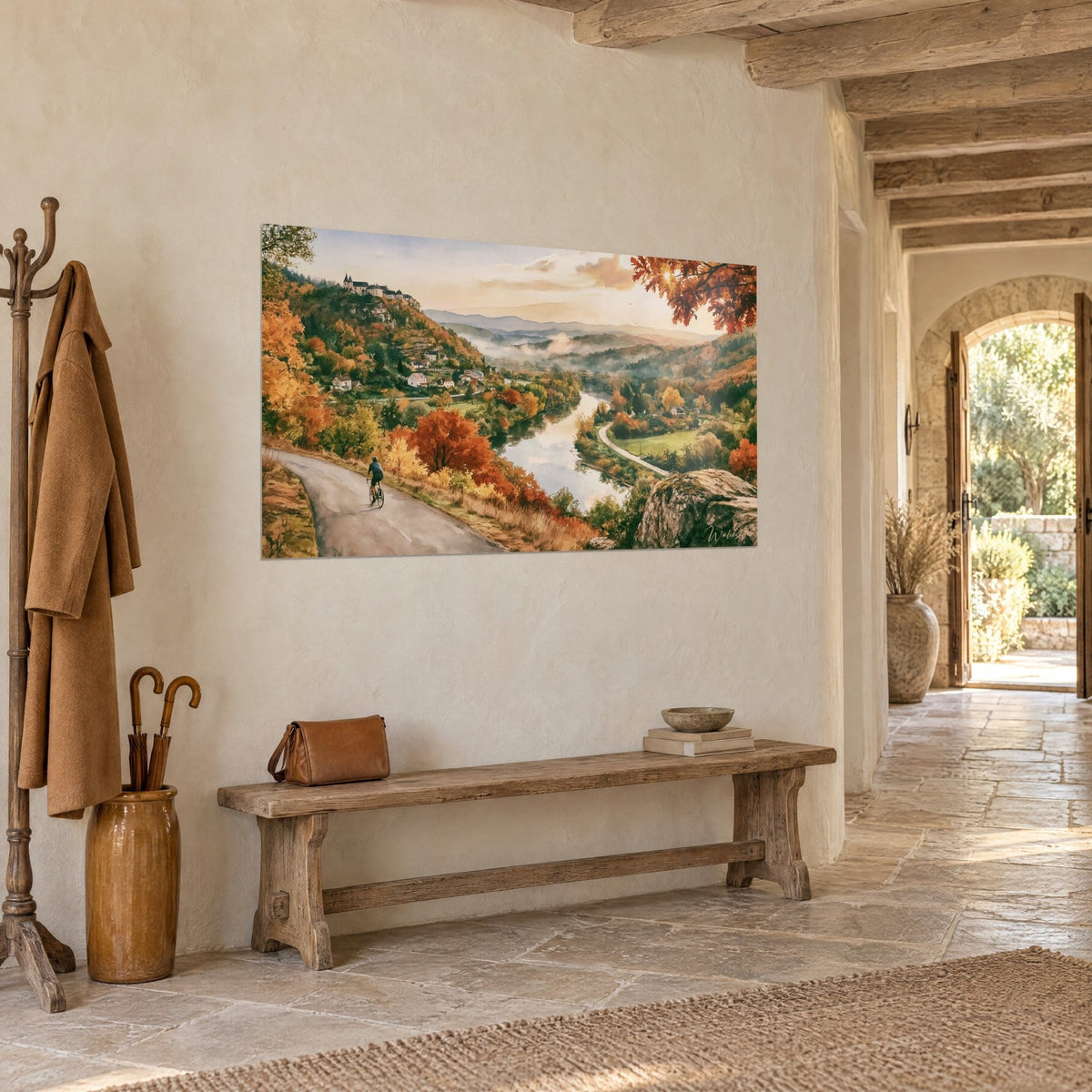 Wall art autumn valley in watercolour, rust foliage and green meadow, winding river and village perched on the hill, pale stone wall