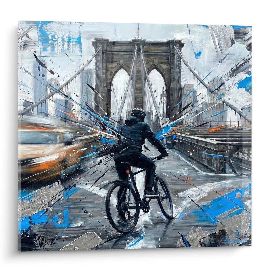 Tableau Cycliste Urbain Éclaboussures Bleues et Grises Pont Brooklyn - Énergie Métropolitaine - Edition Brooklyn