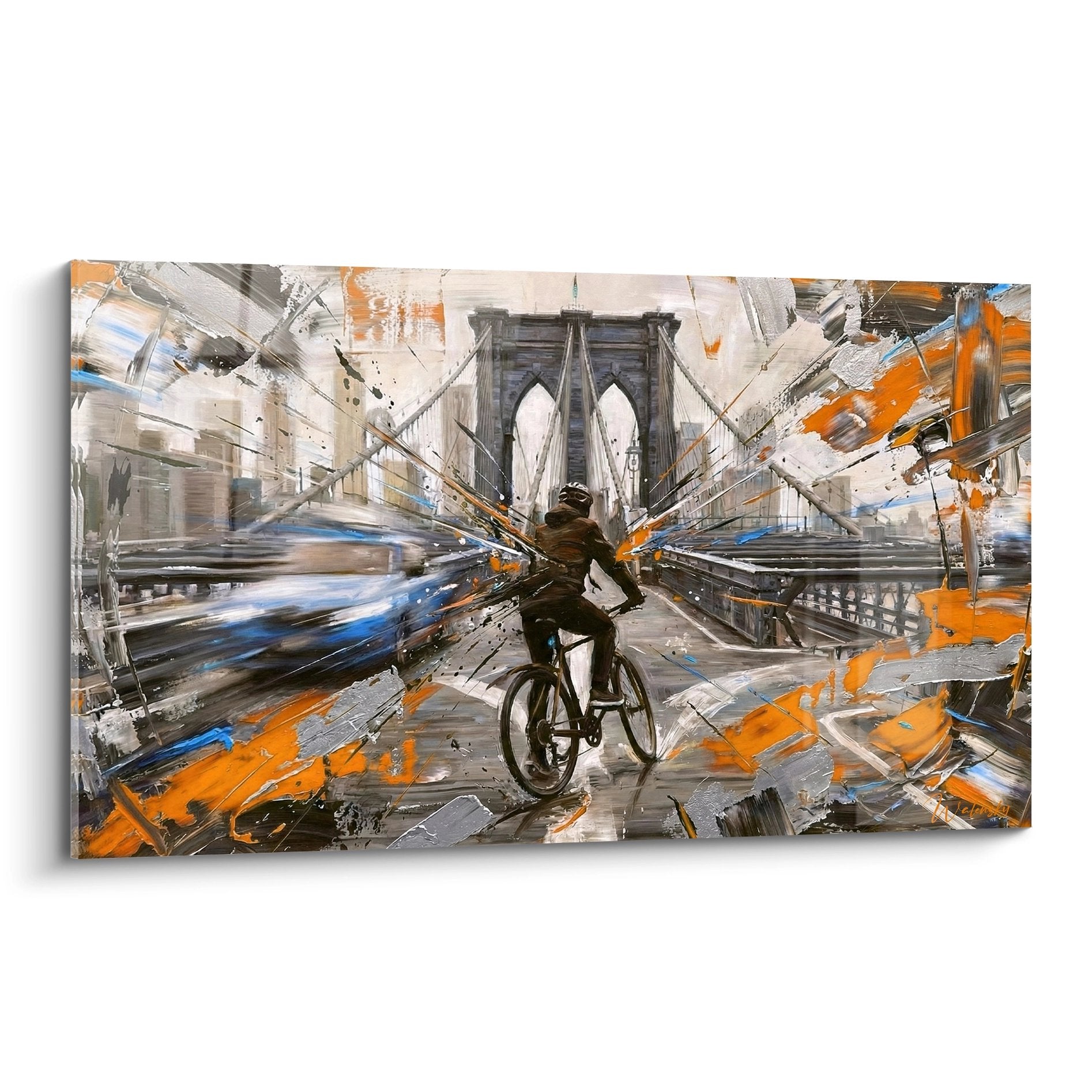 Tableau cycliste Manhattan explosions orange bleu pont urbain art contemporain dynamique mouvement ville