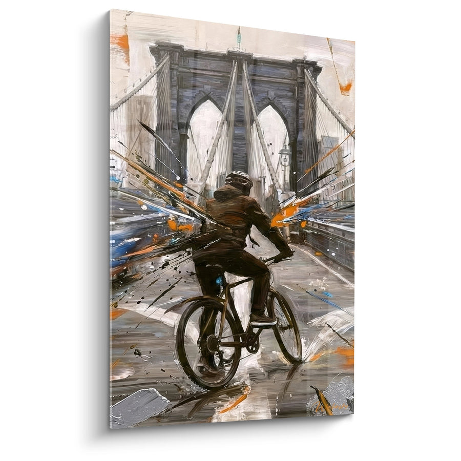 Tableau Cycliste sur le Pont avec Éclats Oranges et Bleus - Mouvement Urbain - Edition Brooklyn