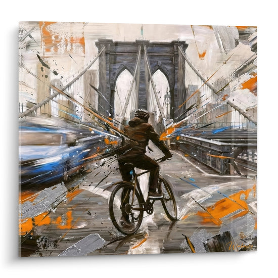 Modernes Radsportgemälde auf der Brooklyn Bridge mit orange und grauen Spritzern, dynamischer urbaner Stil