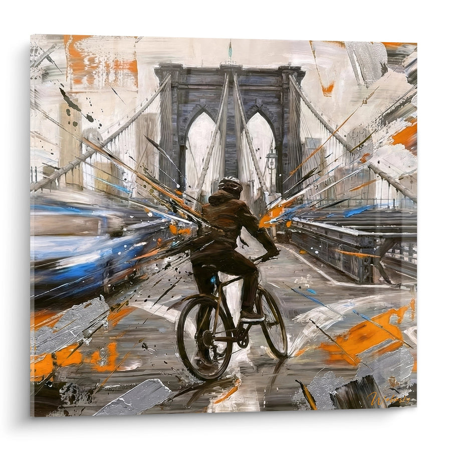 Tableau Cycliste Dynamique Orange et Gris - Mouvement Urbain - Edition Brooklyn