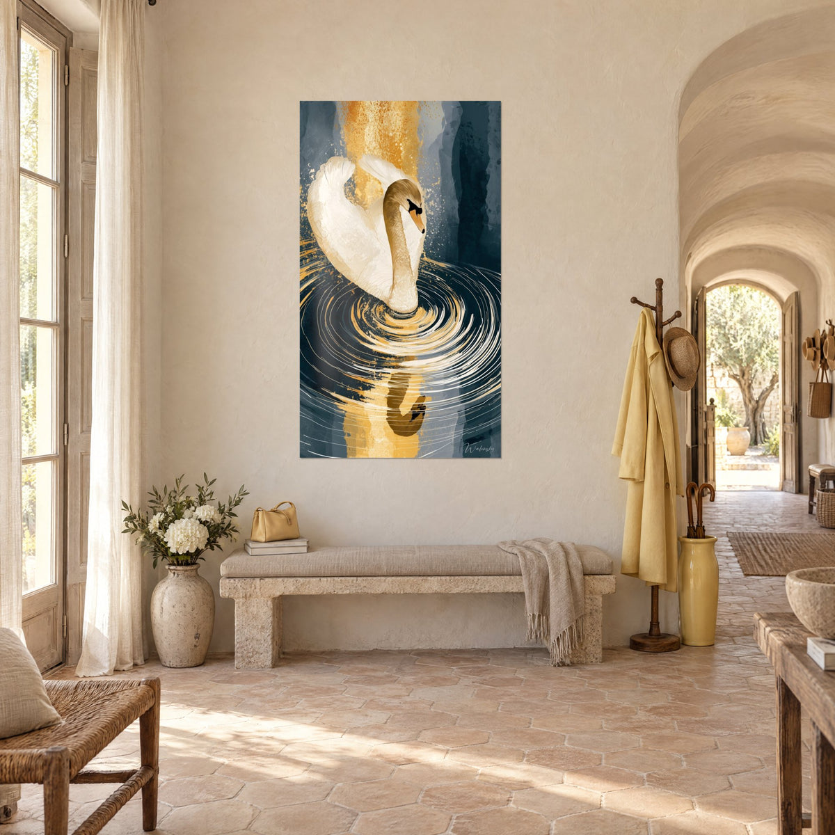 Tableau oiseau aux ailes crème relevées, reflet ocre dans l'eau bleu pétrole, sur le mur d'un mas provençal en pierre