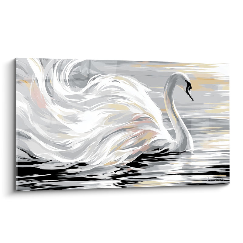Tableau Cygne blanc et gris aux plumes tourbillonnantes - Reflets nacrés sur l'onde - Edition Cygne