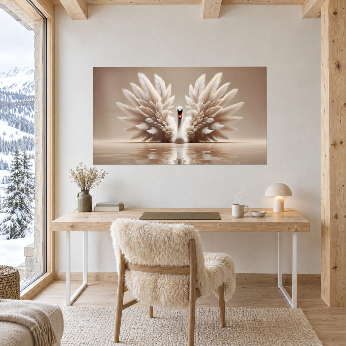 Schilderij majestueuze zwaan, ivoorkleurige veren vleugels uitgespreid op een roze beige achtergrond, licht houten bureau, schapenvacht fauteuil, chalet
