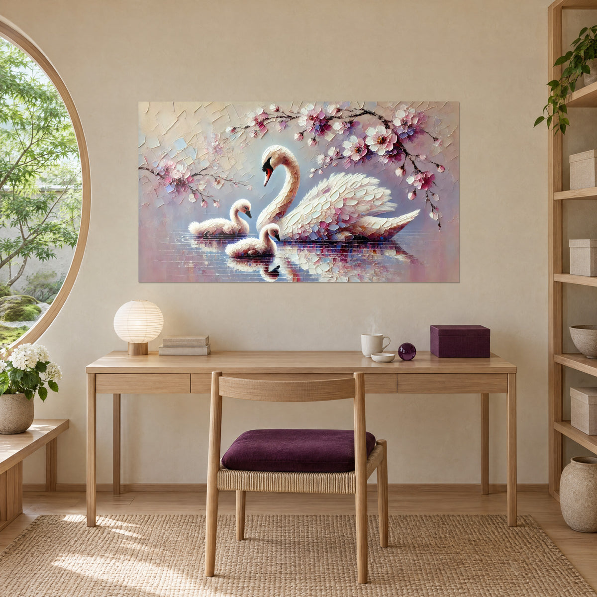 Cuadro cisne madre y pequeños esponjosos sobre un lago pastel, toques rosas y grises con espátula, colgado sobre un escritorio de madera clara