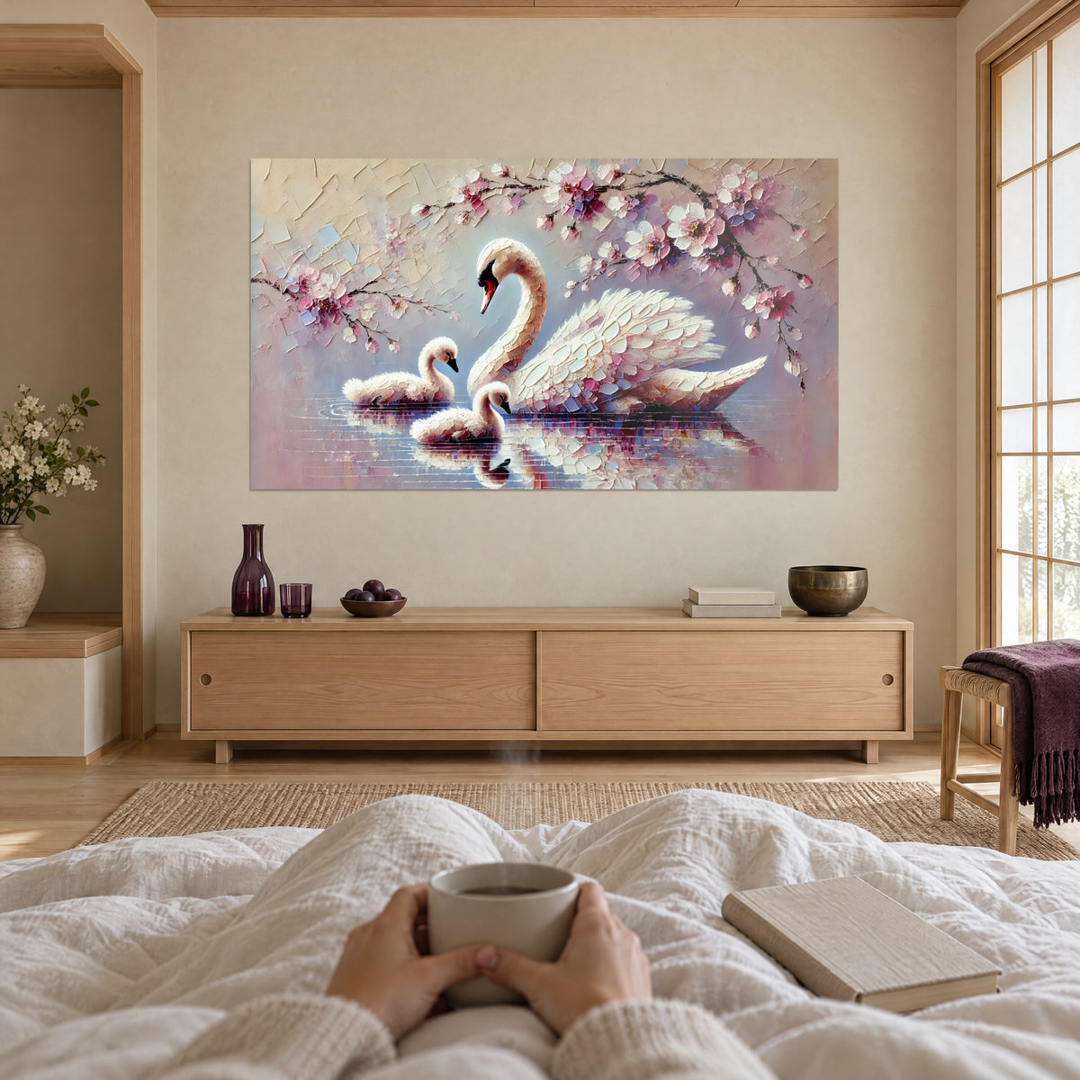 Cuadro elegante cisne de plumas nacaradas, cisnecitos sobre agua rosada, ramas de flores lilas, una mujer de espaldas sobre una cama en un dormitorio claro