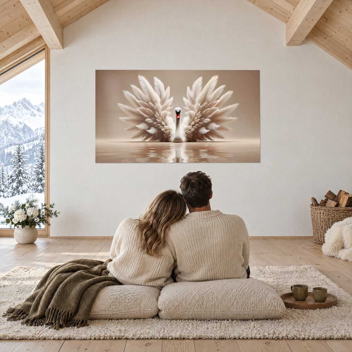 Schilderij witte zwaan, enorme vleugelspanwijdte van parelmoerkleurige veren en taupe weerspiegeling op het water, koppel van achteren op kussens, grote raampartij van een chalet