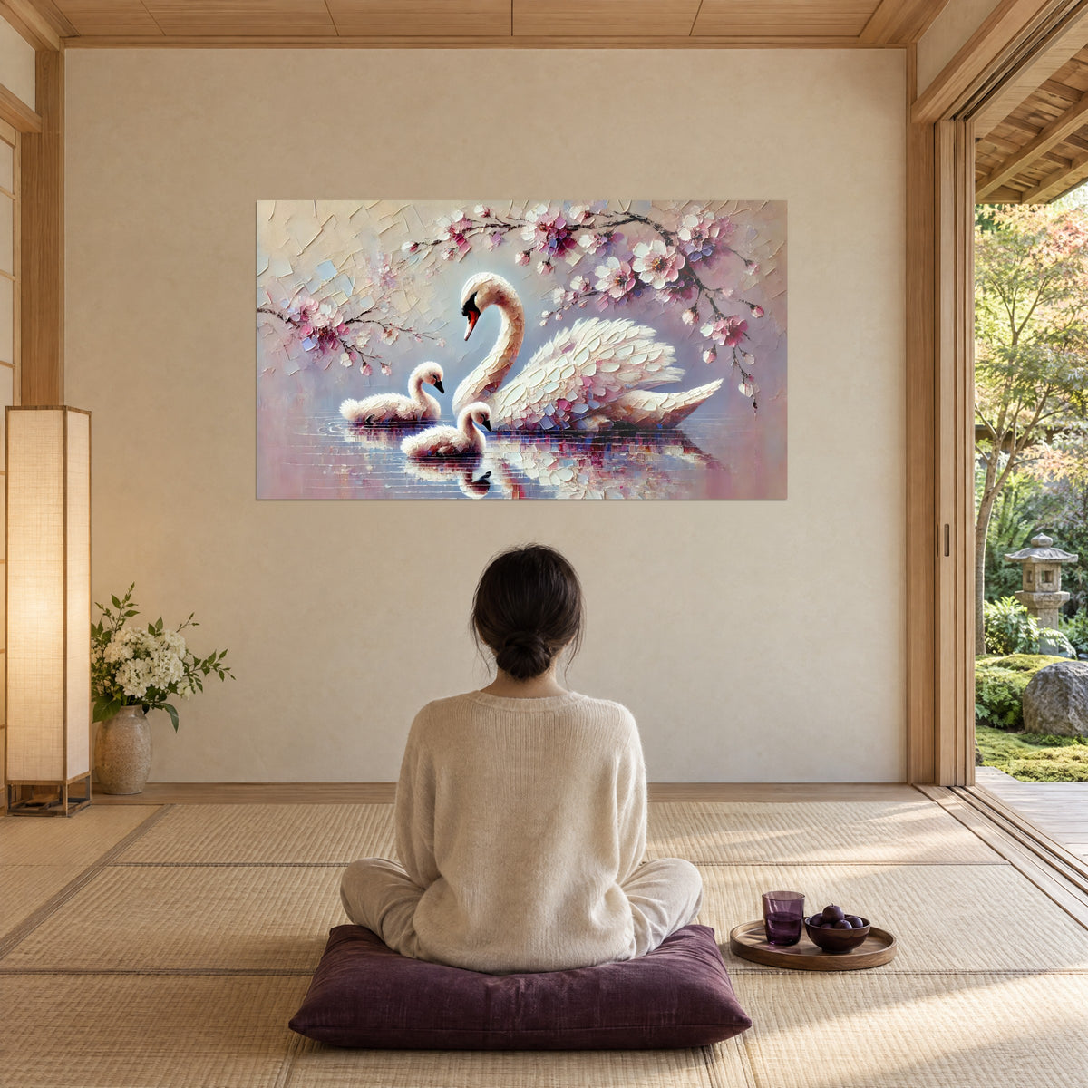 Cuadro aves acuáticas impecables bajo un cerezo en flor, gama crema y rosa, mujer de espaldas sentada sobre un cojín ciruela frente a la obra