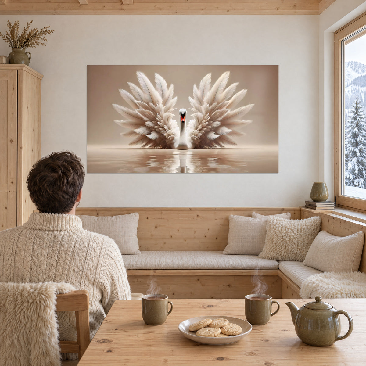 Schilderij krans van crèmekleurige veren en zwaan gecentreerd op zandkleurig spiegelwater, man van achteren op een houten bank, stomende thee, chalet