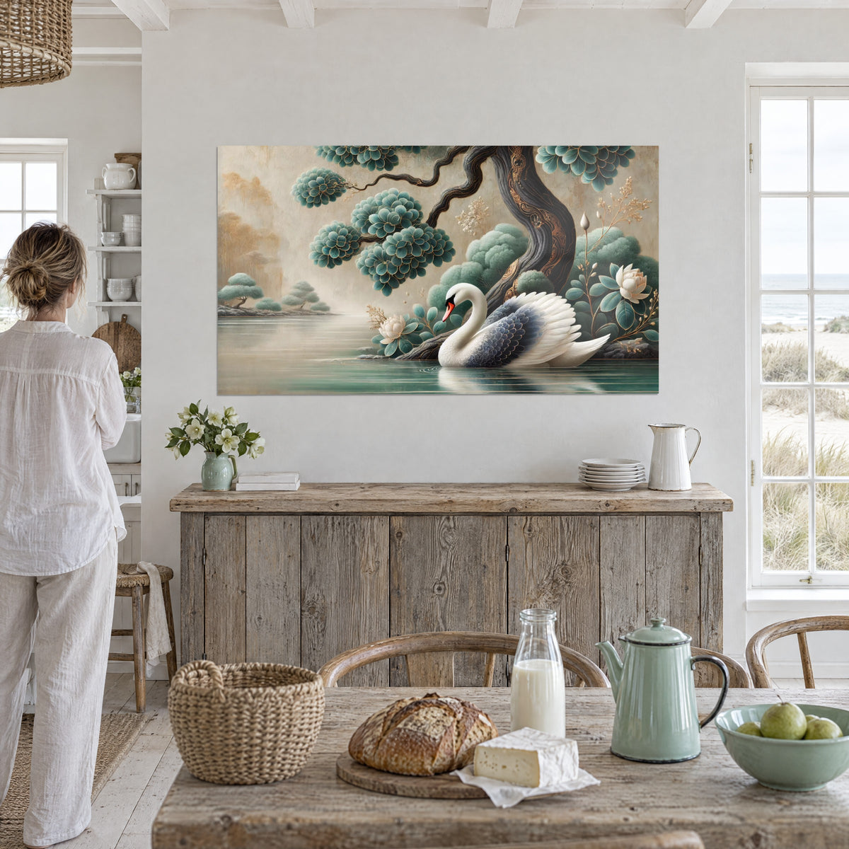 Cuadro ave blanca nadando junto a flores de loto nacaradas, árbol bonsái con bolas turquesa sobre fondo beige dorado, en la pared de una sala de estar