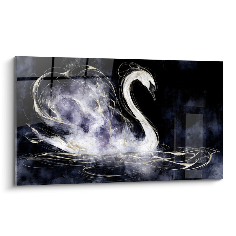 Tableau Blanc et violet aux traits filigranés dorés - Reflet vitré sombre - Edition Cygne