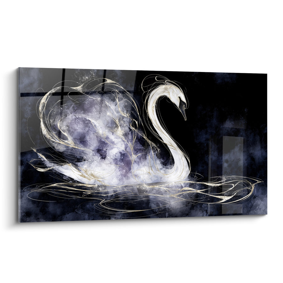 White and Violet Painting with Delicate Golden Lines - Dark Glazed Reflection - Cygne Edition