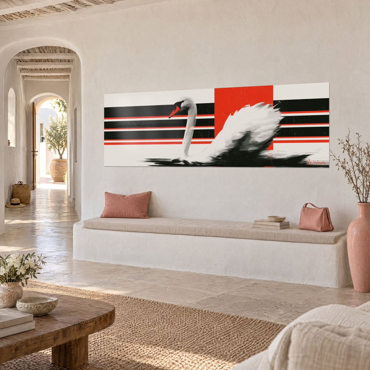 Wall art waterbird with a long neck and orange beak on black and red stripes, panoramic, whitewashed wall, Mediterranean arch