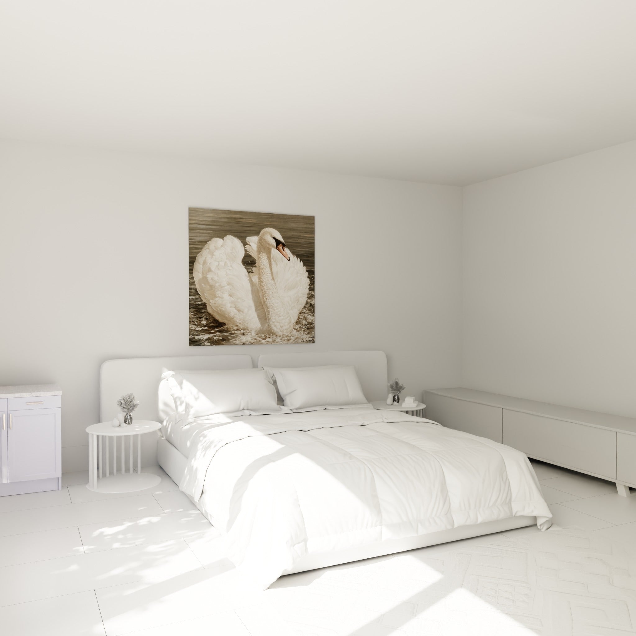 Cygne blanc et bec orangé glissant sur une eau anthracite, tableau au-dessus d'un lit dans une chambre claire