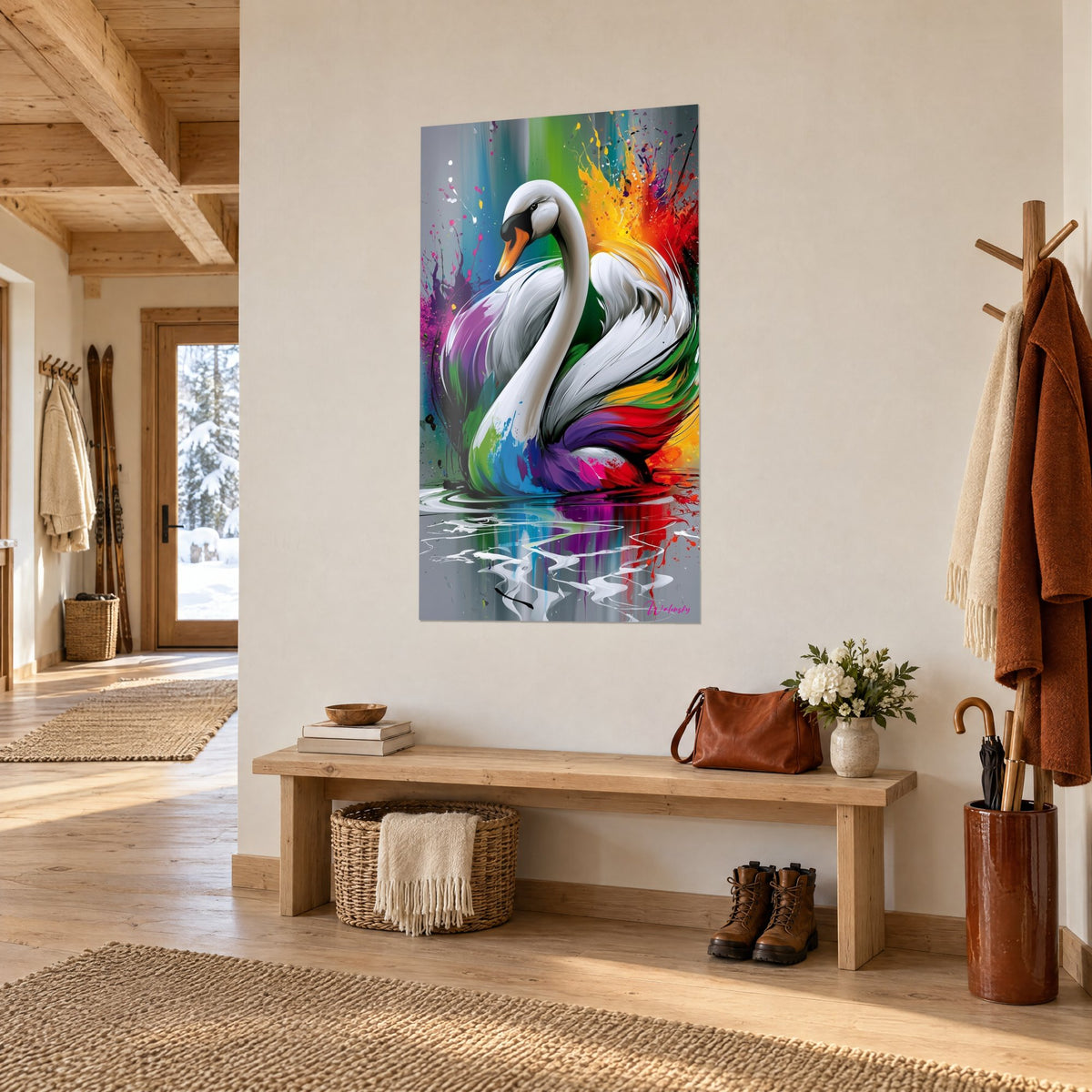 Tableau oiseau gracieux au bec orangé, plumage blanc strié de vert et de rouge vif, éclats jaunes, dans un chalet boisé