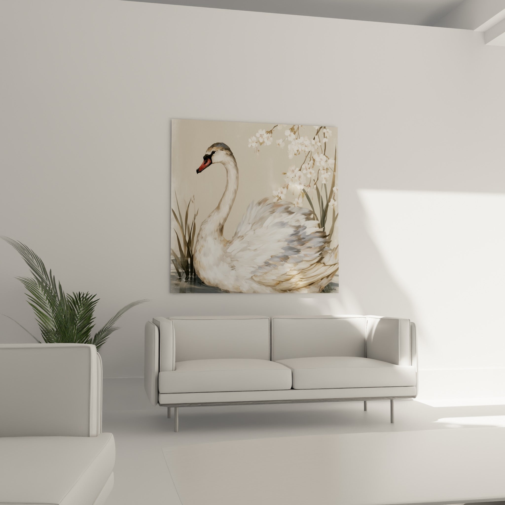 Cygne élégant à bec orangé parmi les roseaux gris-vert, au-dessus d'un canapé dans un salon lumineux