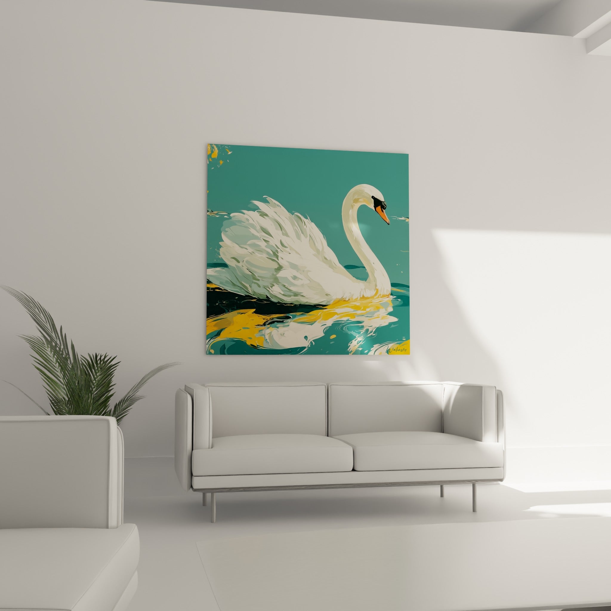 Cou gracieux du cygne blanc et reflets dorés sur l'eau turquoise au-dessus d'un canapé dans un salon lumineux.