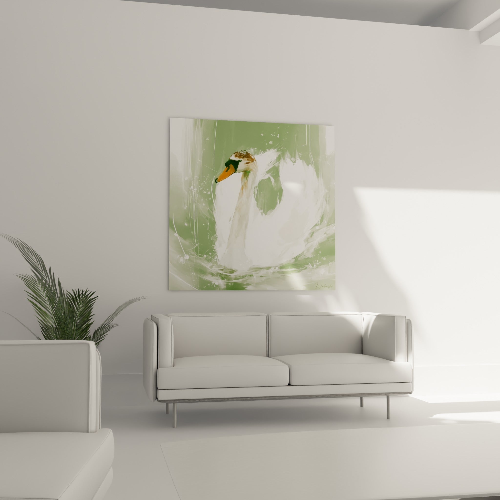 Cygne blanc au plumage lumineux et fond vert d'eau, suspendu au-dessus d'un canapé dans un salon lumineux
