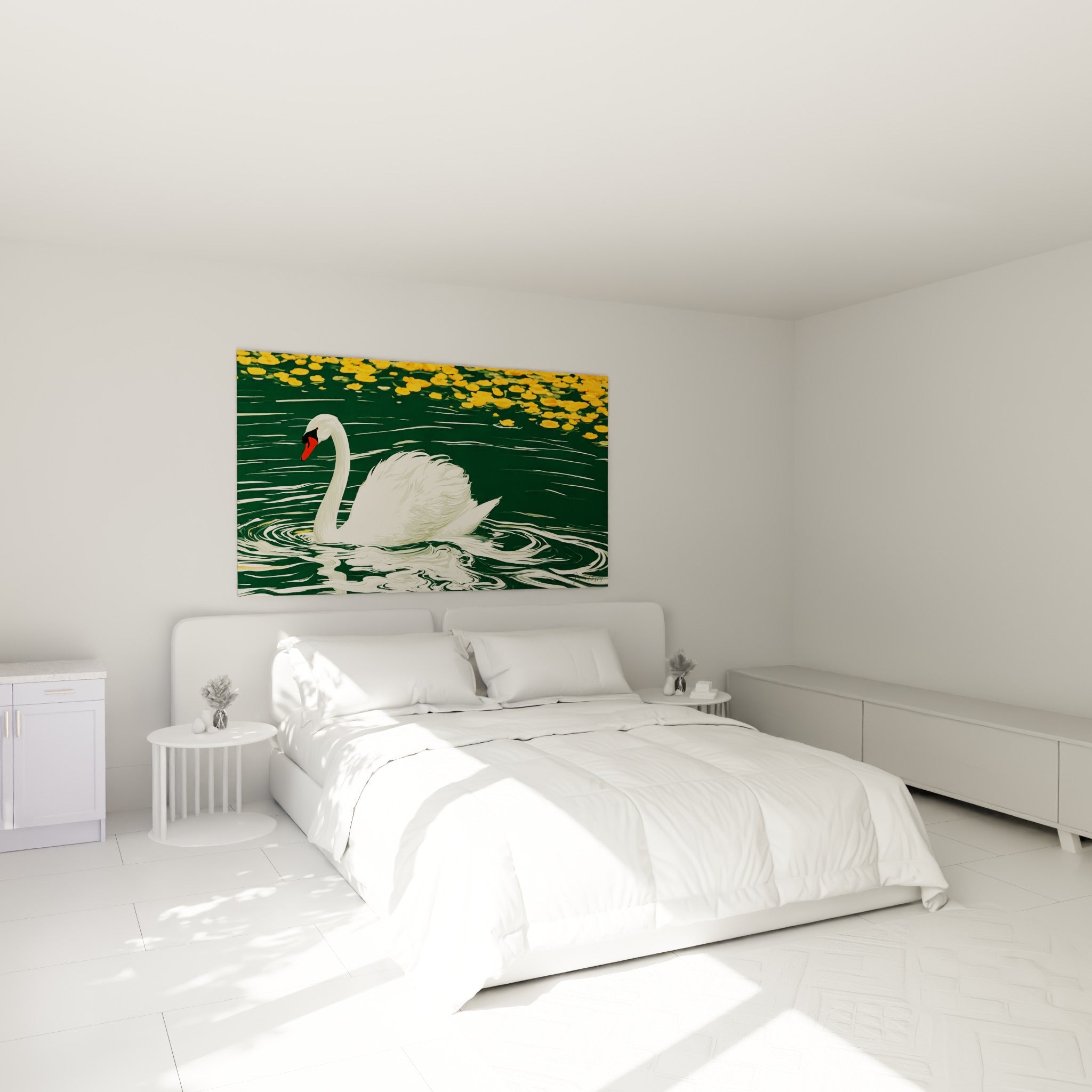 Silhouette de cygne blanc et bec rouge vif accrochée au-dessus d'un lit dans une chambre claire