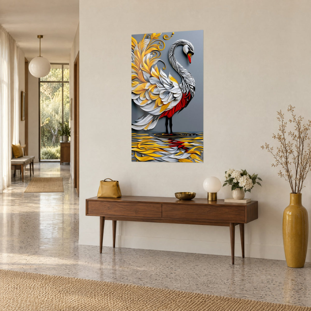 Wall art waterbird with pearl-grey and saffron feathers, bright red breast, three-quarter view in a house entrance