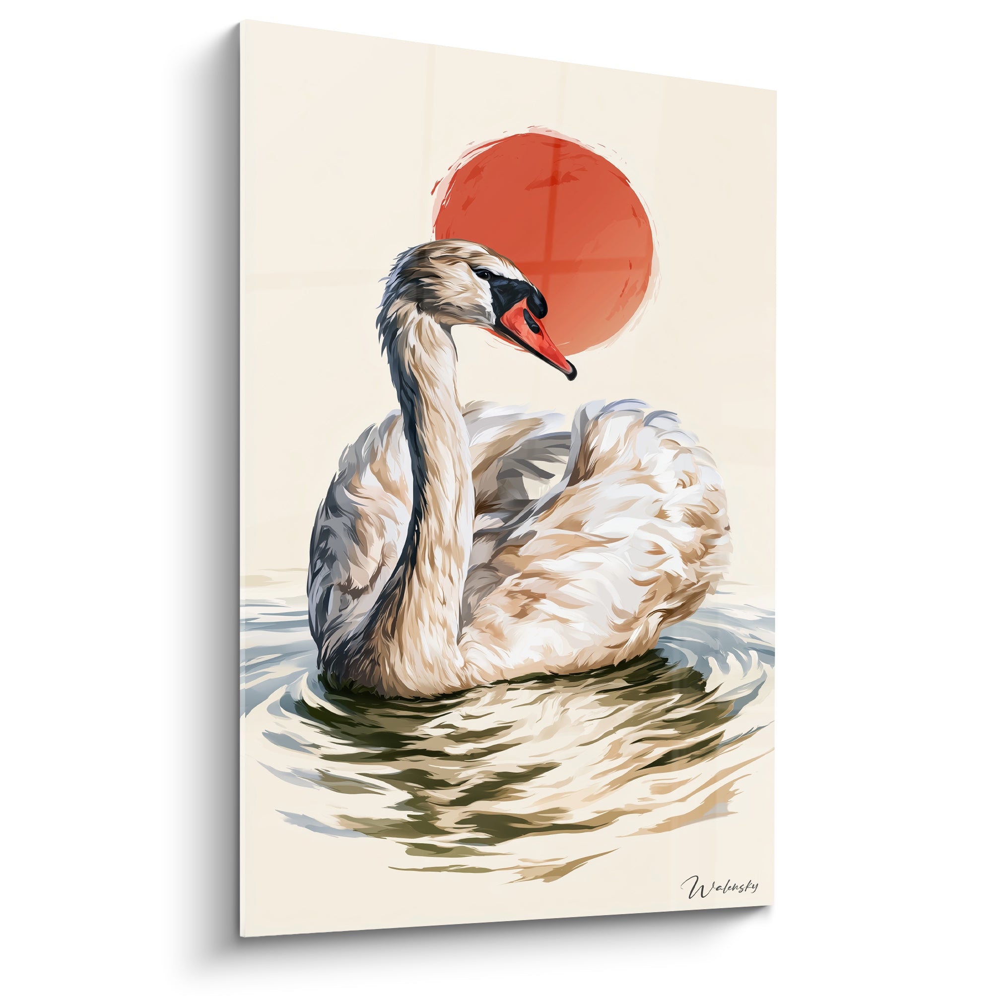 Cygne beige au long cou, bec orangé, flottant sous un disque rouge sur fond crème texturé