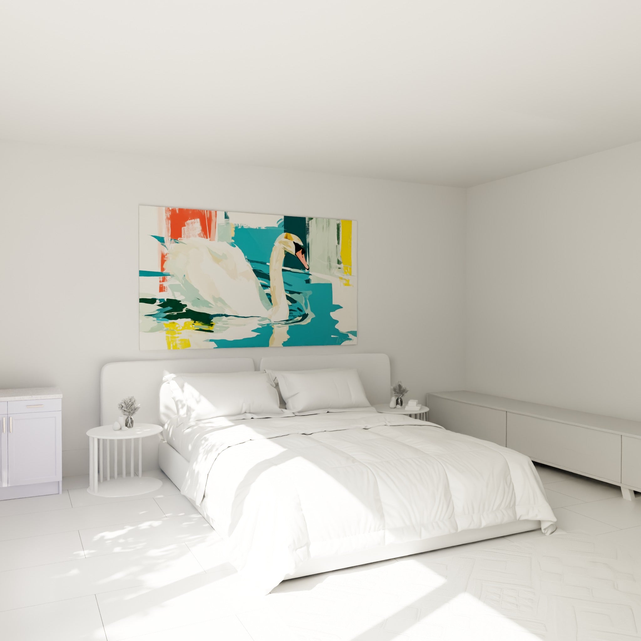 Cygne gracieux aux tons beige et turquoise, accroché au-dessus d'un lit dans une chambre claire