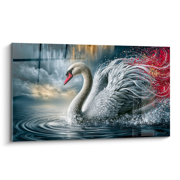 White Swan Painting with Bright Red Feathers - Flight of Colors - Swan Edition