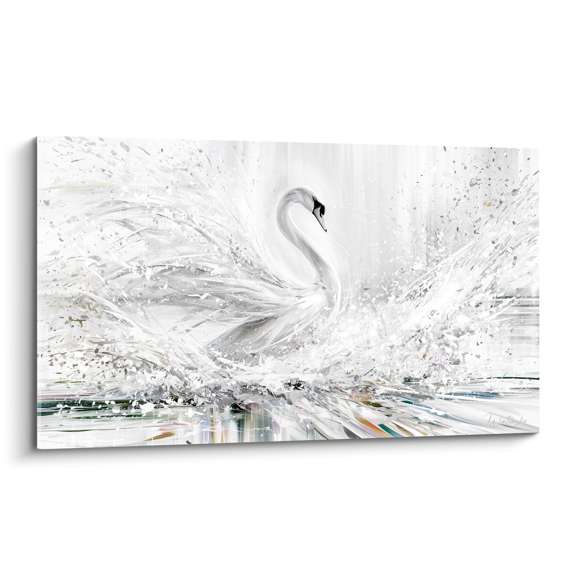 Cygne blanc aux ailes déployées dans une explosion anthracite et ocre sur toile