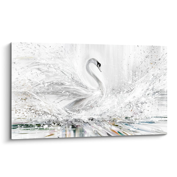 White and Grey Painting with Explosive Wings - Colorful Reflections on Water - Cygne Edition