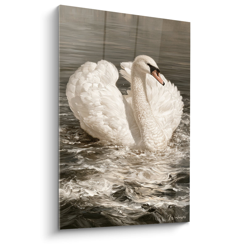 Tableau Cygne blanc ailes déployées sur eau agitée - Élan sur les flots - Edition Cygne