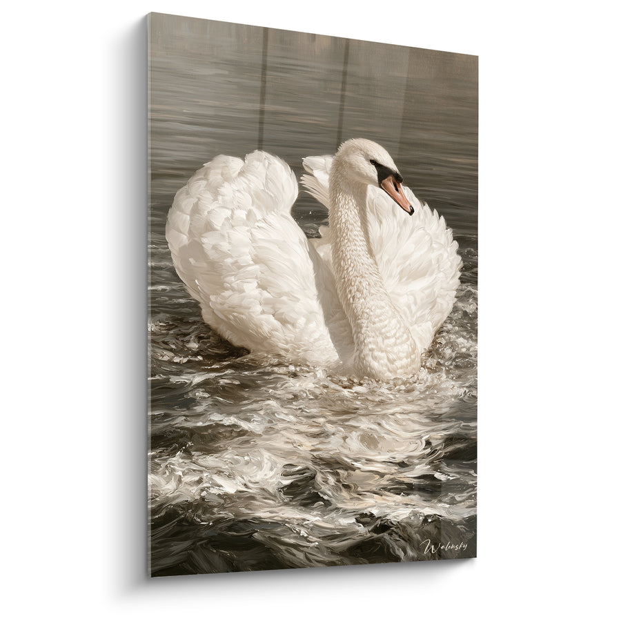 Tableau Cygne blanc ailes déployées sur eau agitée - Élan sur les flots - Edition Cygne