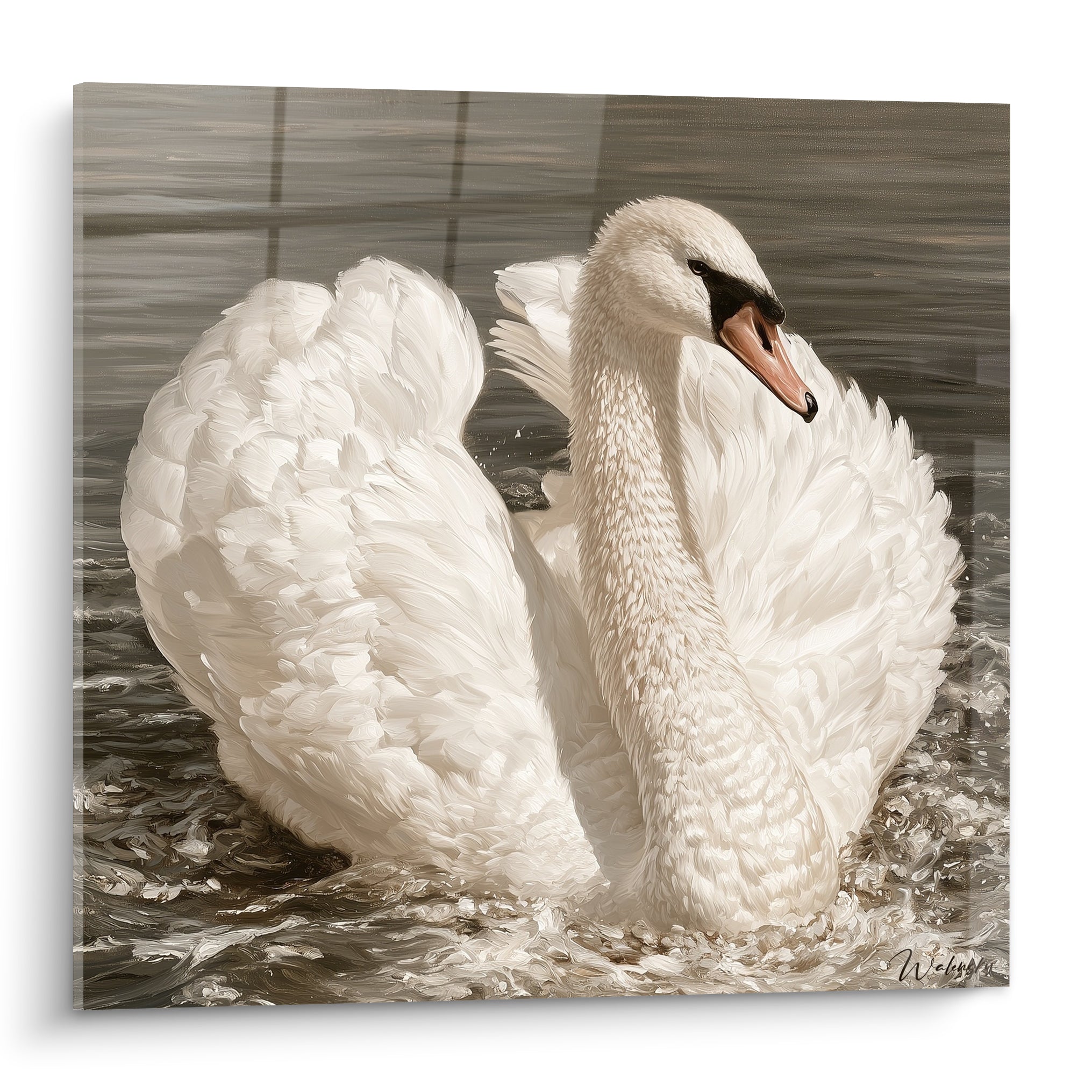 Cygne blanc aux ailes déployées sur une eau grise agitée, plumage texturé façon peinture à l'huile