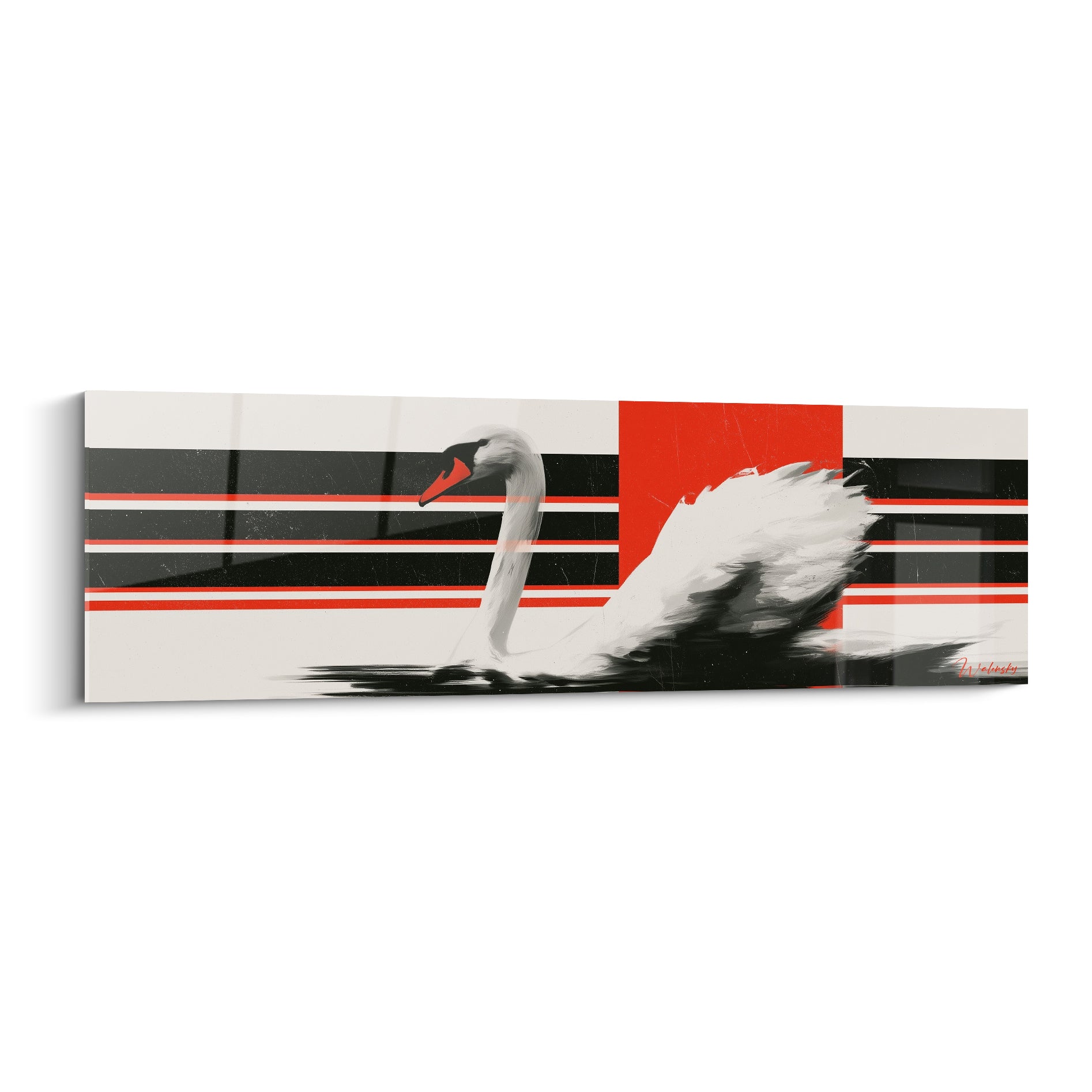 Cygne blanc au bec orangé glissant sur fond rayé noir et rouge vif