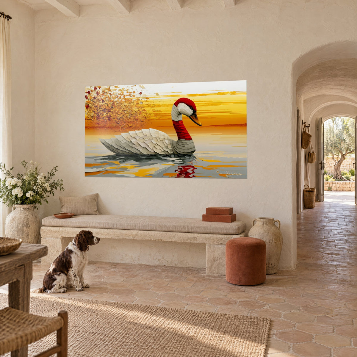 Tableau oiseau aux plumes ivoire en écailles de pigment, plumage blanc et reflet rouge sur l'eau, dans l'entrée d'un mas provençal