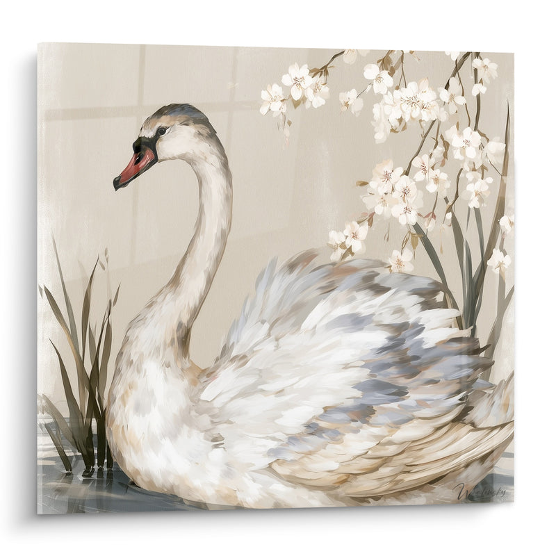 Tableau Cygne blanc et beige parmi les fleurs - Quiétude printanière - Edition Cygne