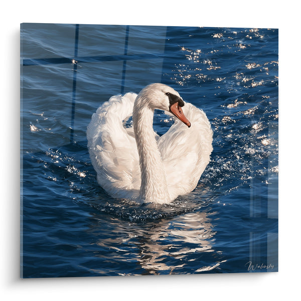 White Swan and Blue Tableau with Curved Beak - Glimmers of Sunlight - Swan Edition