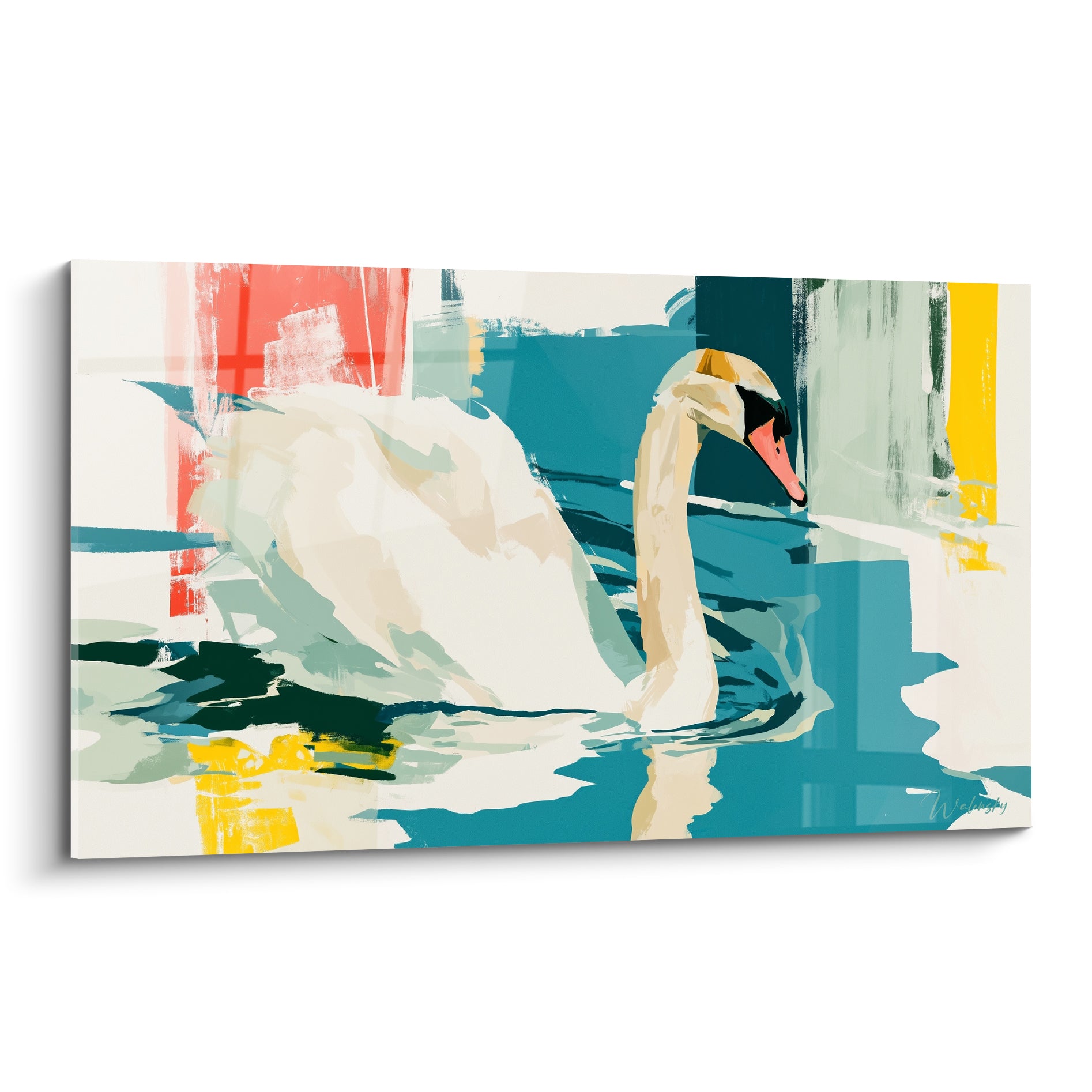Cygne blanc au bec corail glissant sur une eau bleu sarcelle et fond géométrique jaune