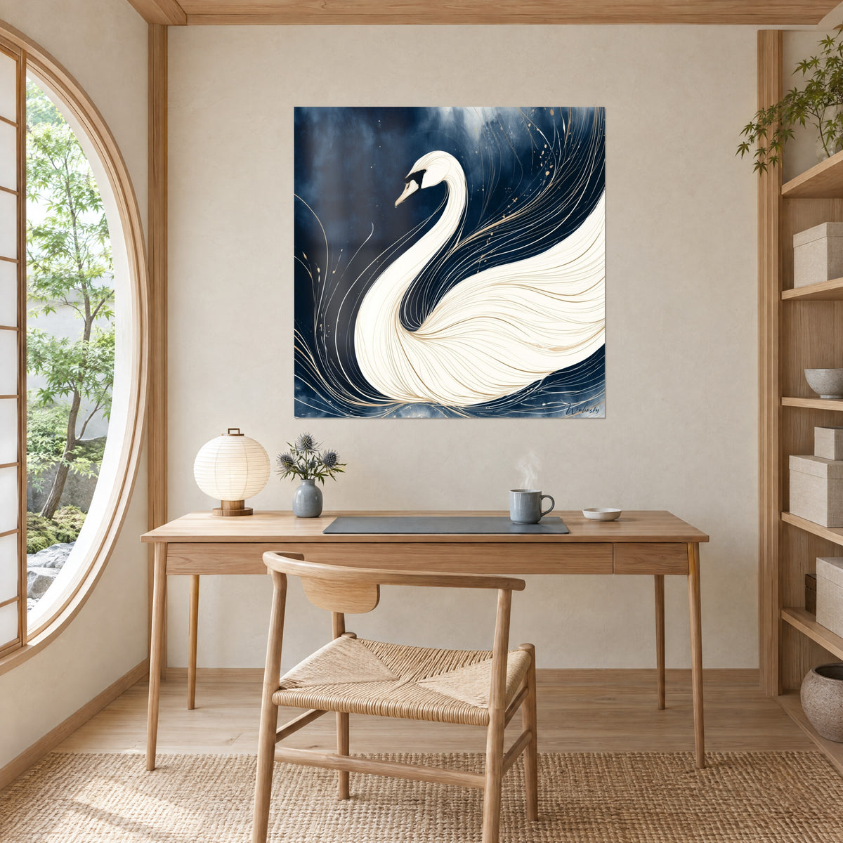Cuadro silueta de cisne en volutas marfil y doradas sobre azul marino profundo, frente a un escritorio de madera y una silla de rejilla