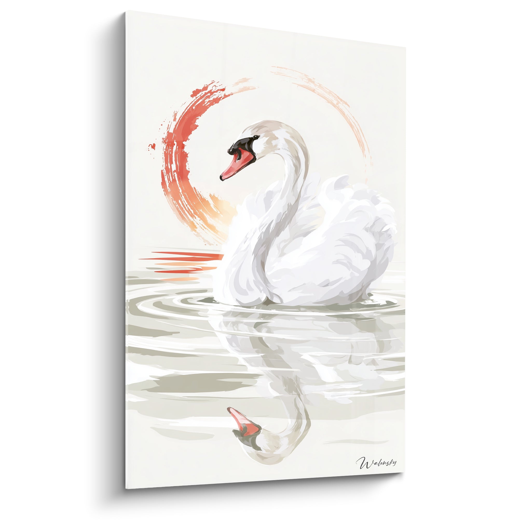 Cygne blanc au bec orangé flottant devant un cercle corail sur fond ivoire