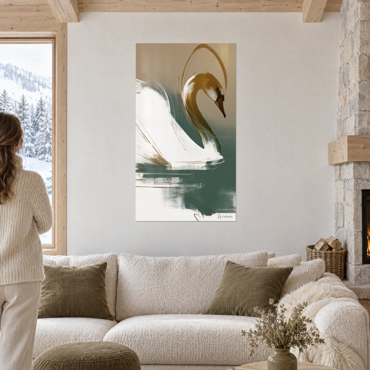 Wall art white swan with a long golden curved neck over an emerald green pond, hanging above a sofa in a bright living room