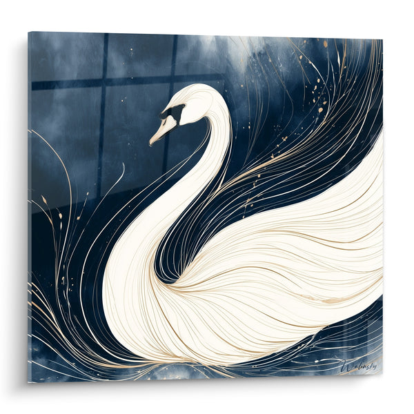 White Swan with Golden Strokes on Navy Blue - Silent Dance - Swan Edition